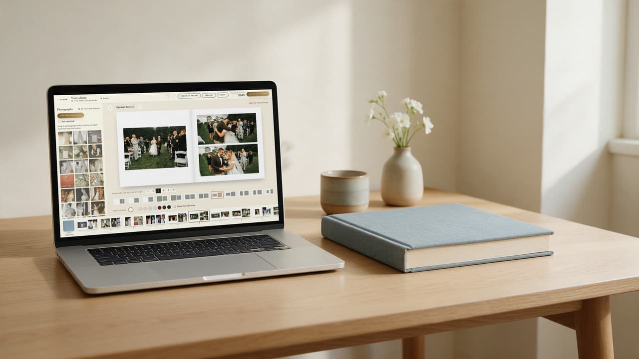 A laptop on an oak desk showing our album studio with a couple's ceremony spread, a dusty blue linen album, a cup and white flowers beside it