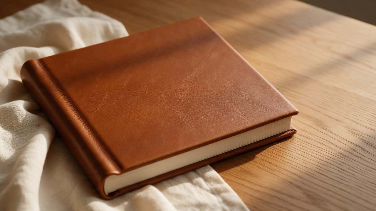 A square cognac leather wedding album on an oak table, low afternoon light across the grain, a folded linen cloth beside it