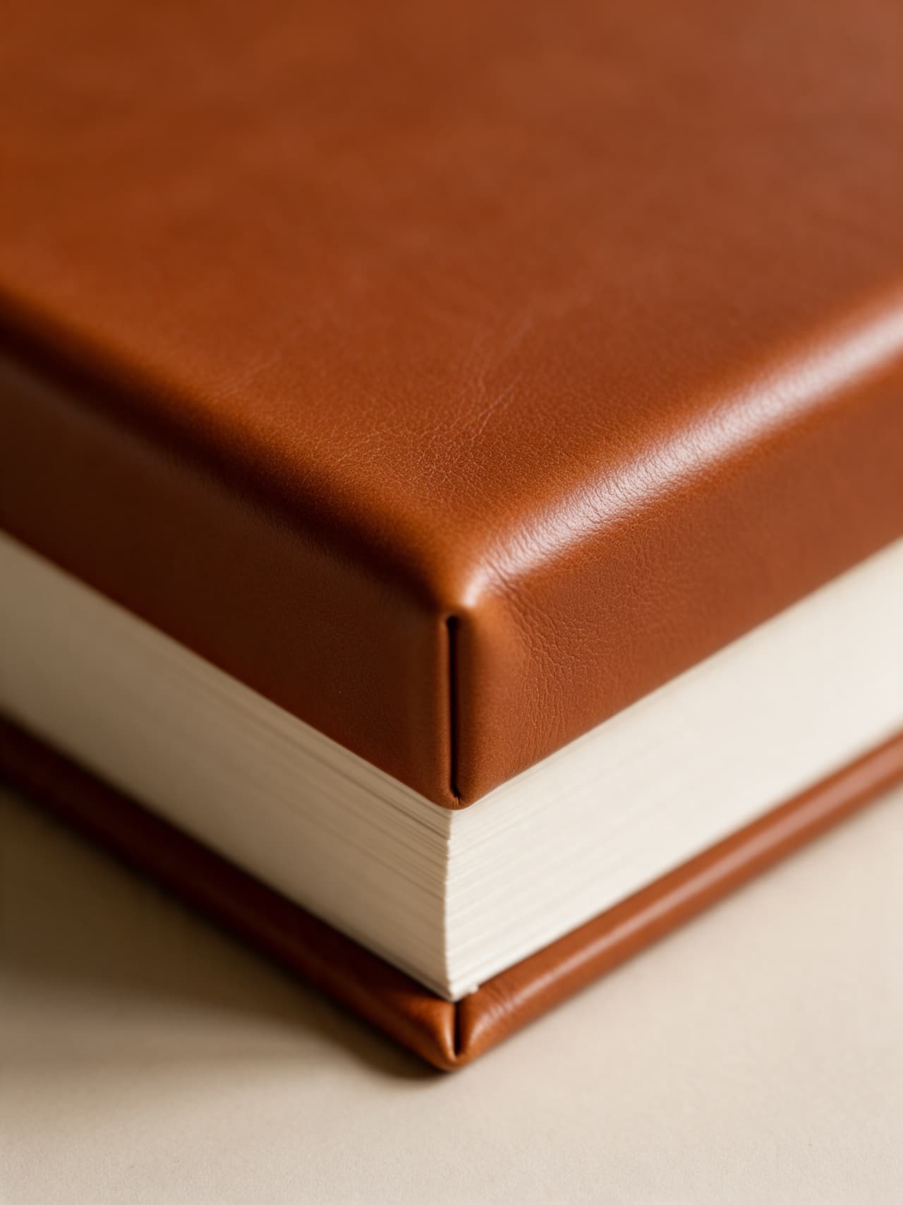 Close up of the corner and rounded spine of a cognac leather album, the fine grain and a neat turned-in corner above the cream pages