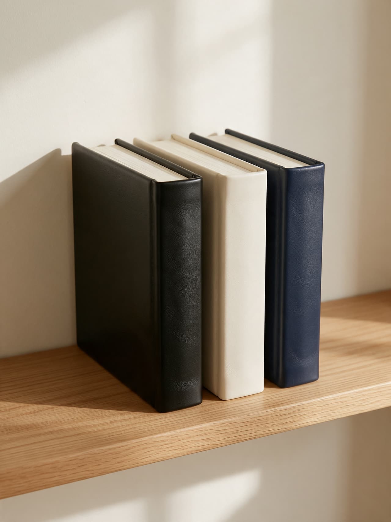 Three square leather albums in black, ivory and navy standing on an oak shelf in window light