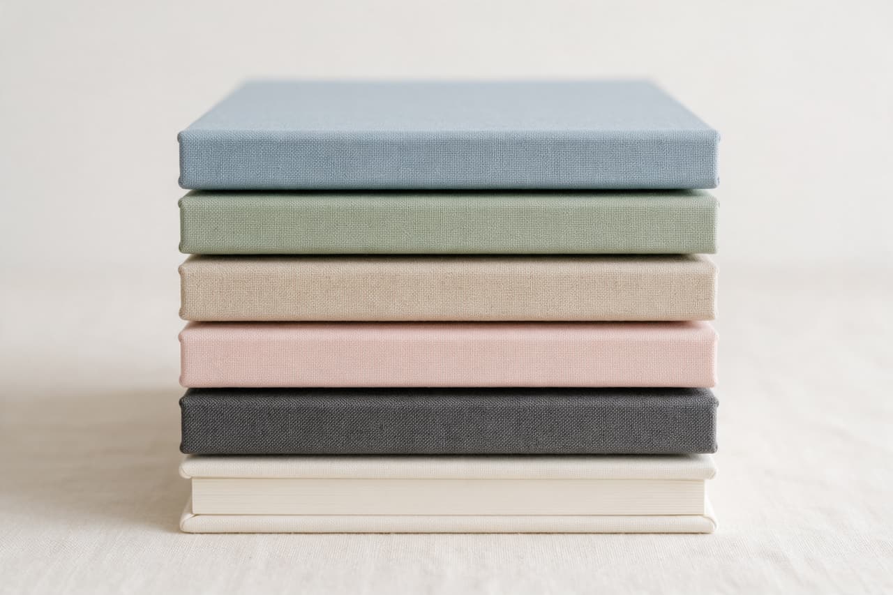 Six linen albums stacked straight, blue, sage, sand, blush, charcoal and ivory, seen from the front