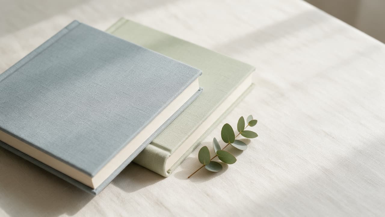 Two square linen wedding albums, dusty blue and sage, resting on a cream linen tablecloth in morning window light beside a sprig of eucalyptus