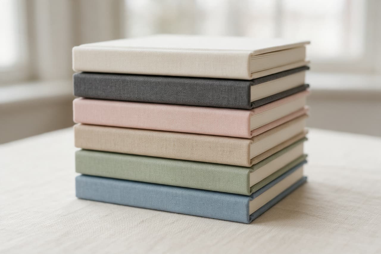 A stack of six square linen albums in ivory, charcoal, blush, sand, sage and blue on a table by a window
