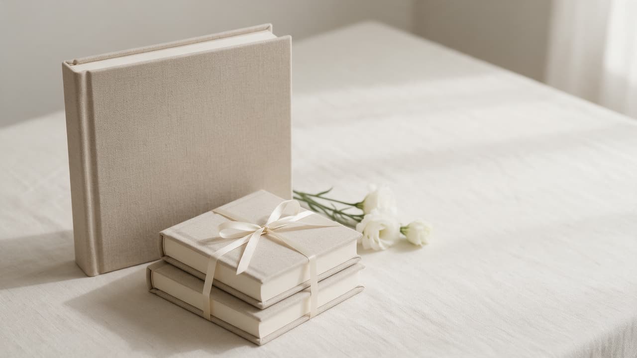 A large square linen wedding album standing beside two small copies of it tied with a cream ribbon, white flowers on the tablecloth