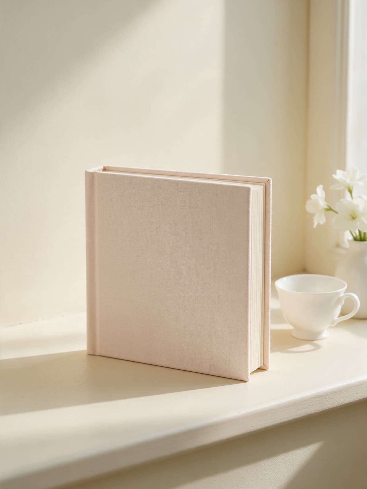A small square linen album standing on a windowsill beside a teacup and a little vase of white flowers