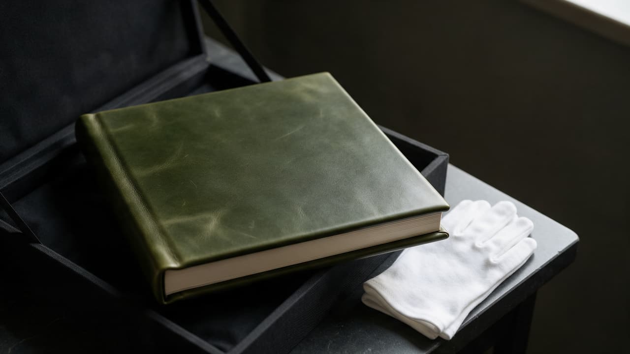 A deep olive premium leather album resting in its black presentation box beside a pair of white cotton gloves on a dark stone table