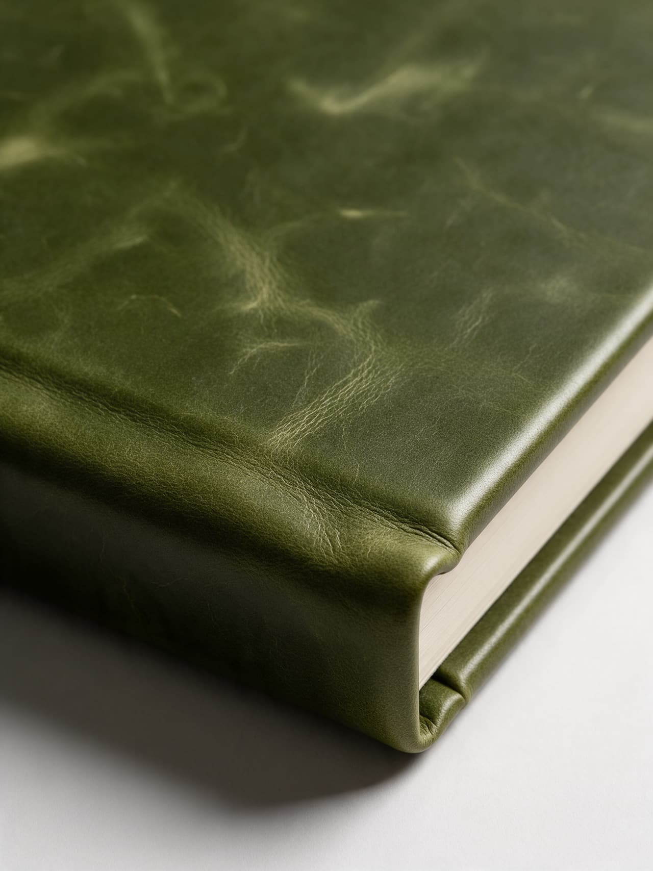Close up of hand-finished olive leather on an album cover: lighter waxy marks and fine creases in the hide above the cream pages