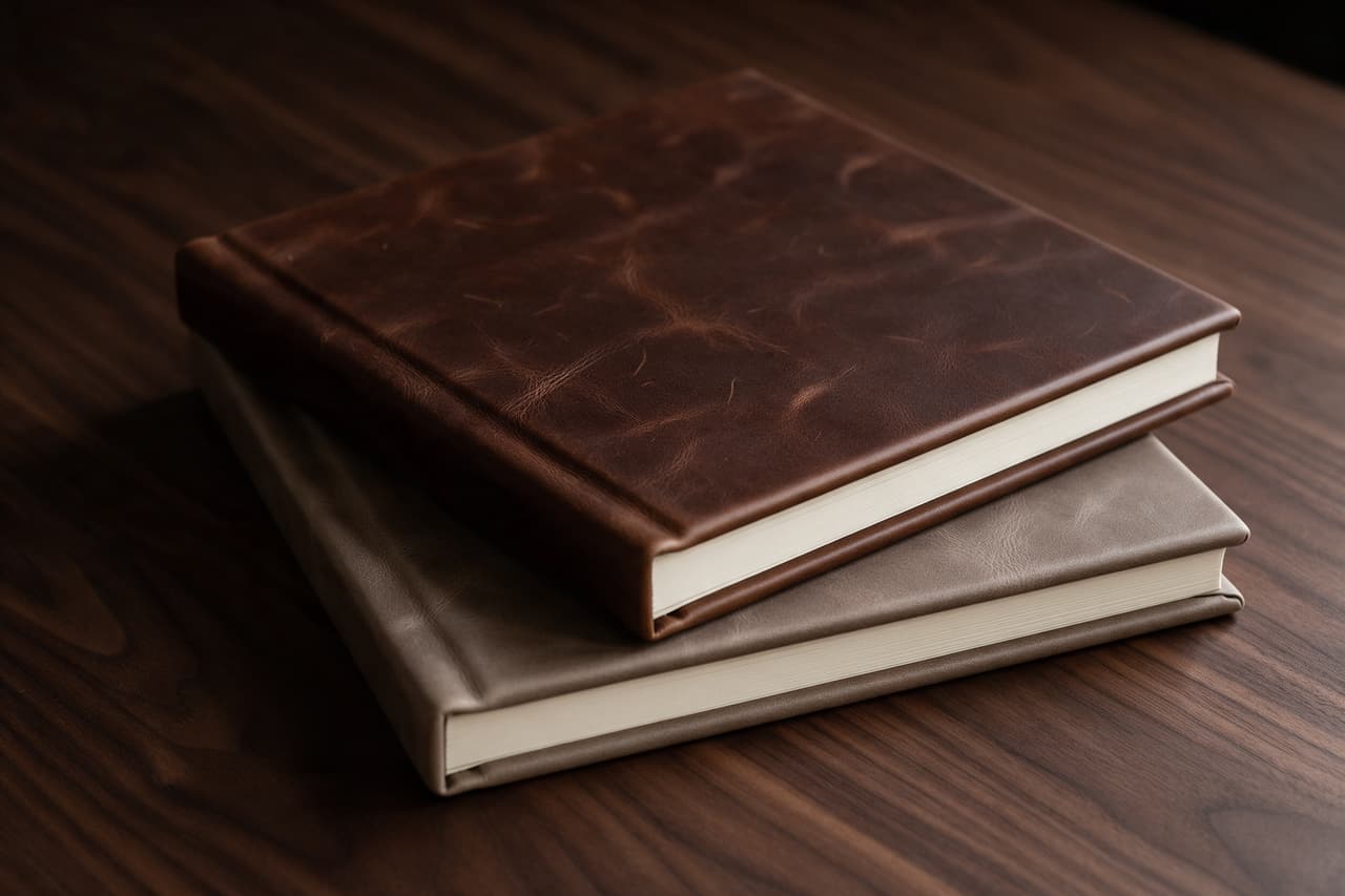 Two premium leather albums, dark brown and warm taupe, stacked on a walnut table, the natural marks of each hide catching the light