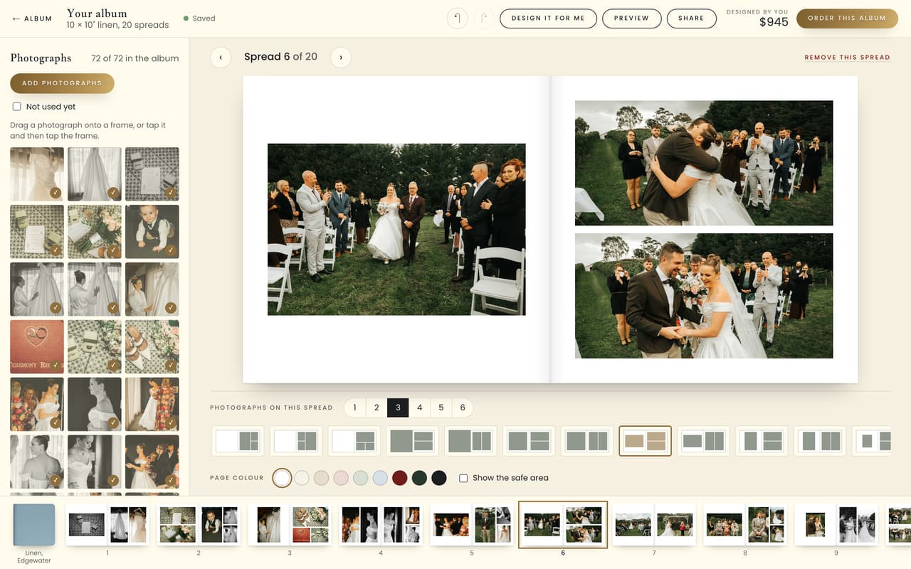 The album studio: the couple's photographs down the side, a spread of their ceremony being laid out, the layouts and page colours below and every spread along the bottom