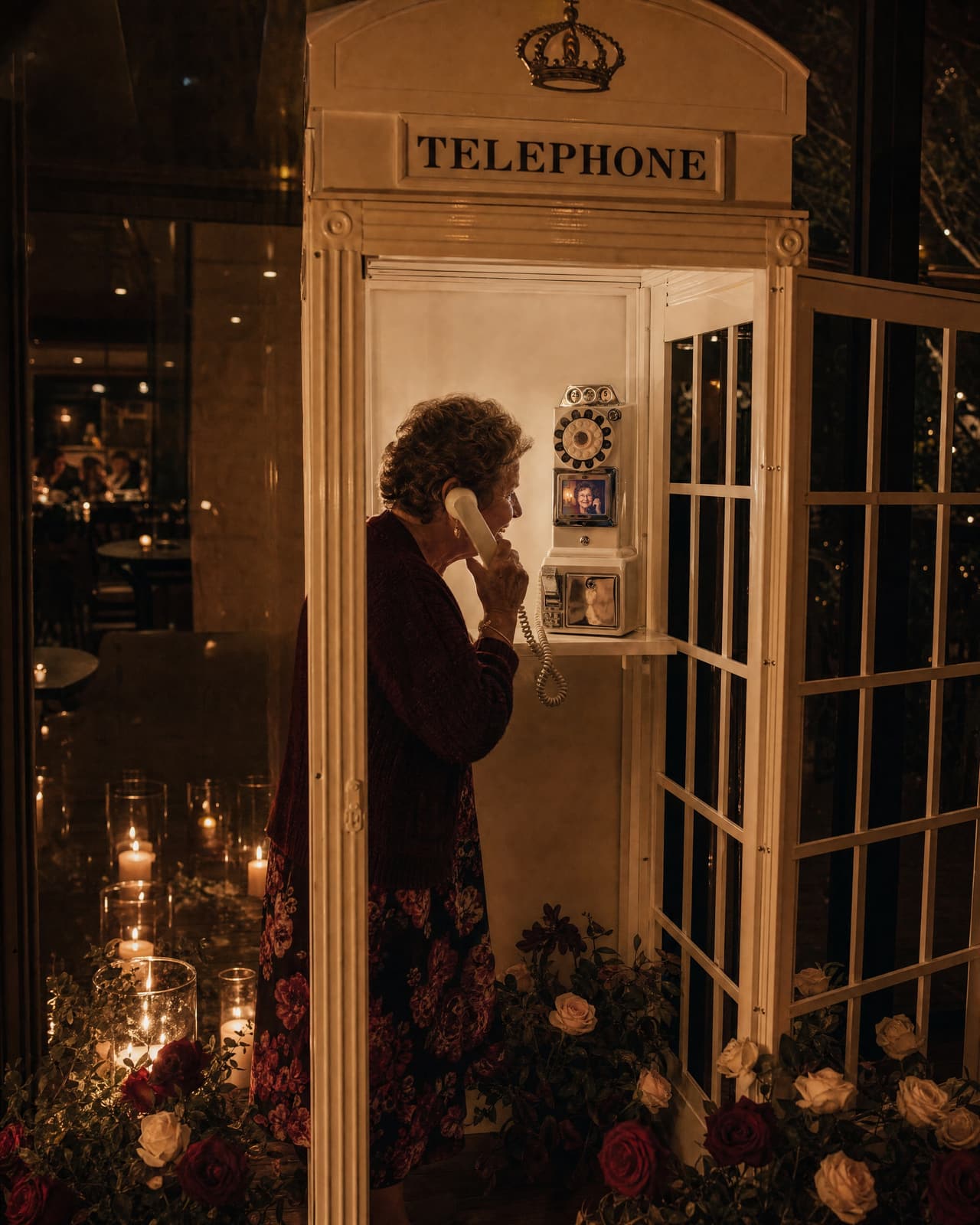 A grandmother in a burgundy floral dress leaning toward the video phone inside the booth, her own face on its screen as she records her message