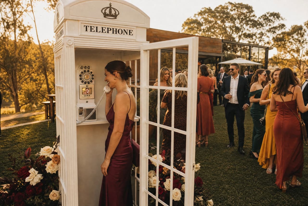 A wedding guest in a burgundy satin dress laughing into the vintage video phone inside a white telephone booth on a winery lawn at golden hour, other guests behind
