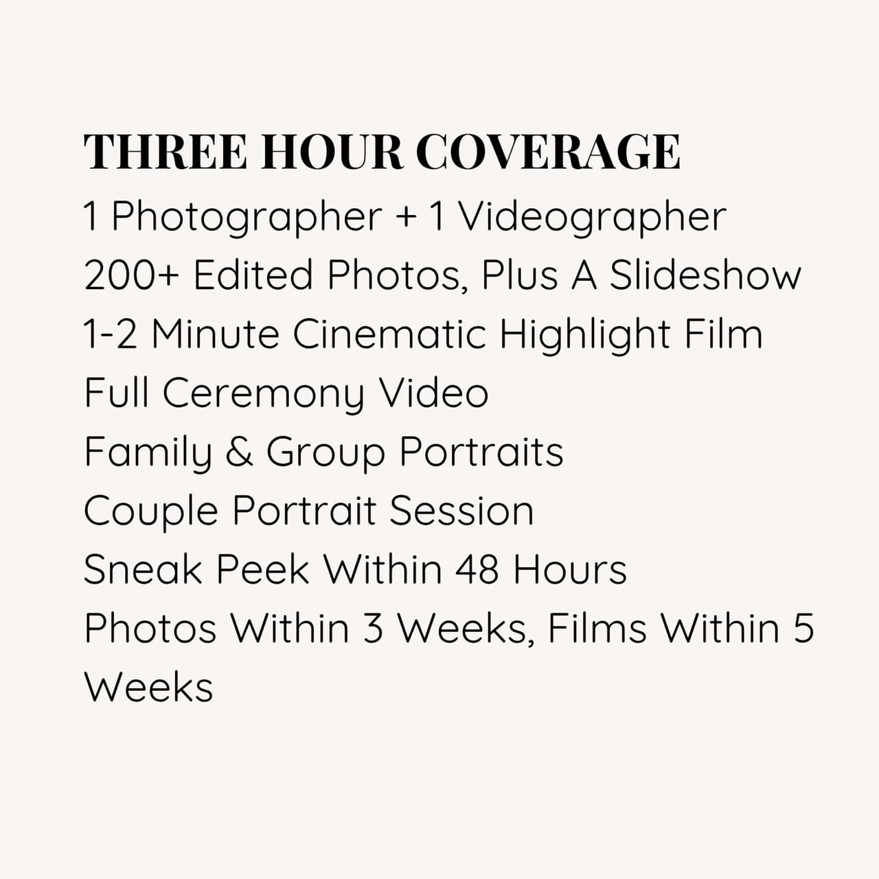 What is included in The Elopement, photo and video: the back of the collection card