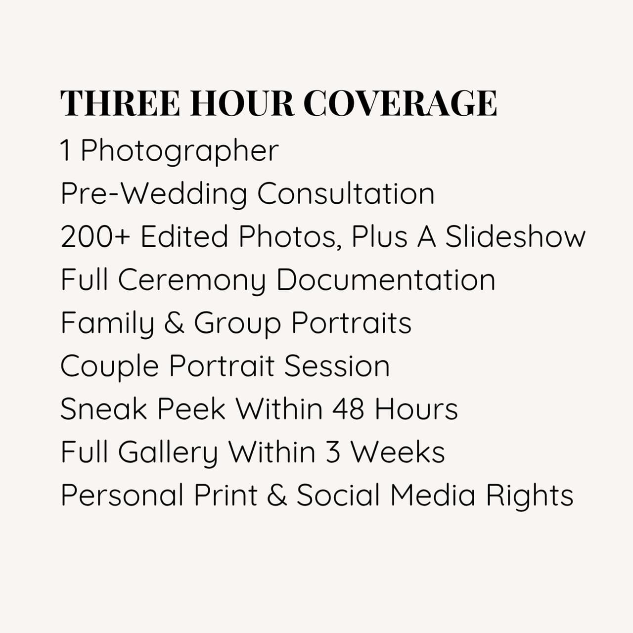 What is included in The Elopement, wedding photography: the back of the collection card