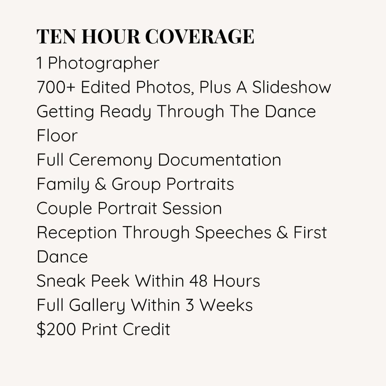 What is included in The Full Story, wedding photography: the back of the collection card