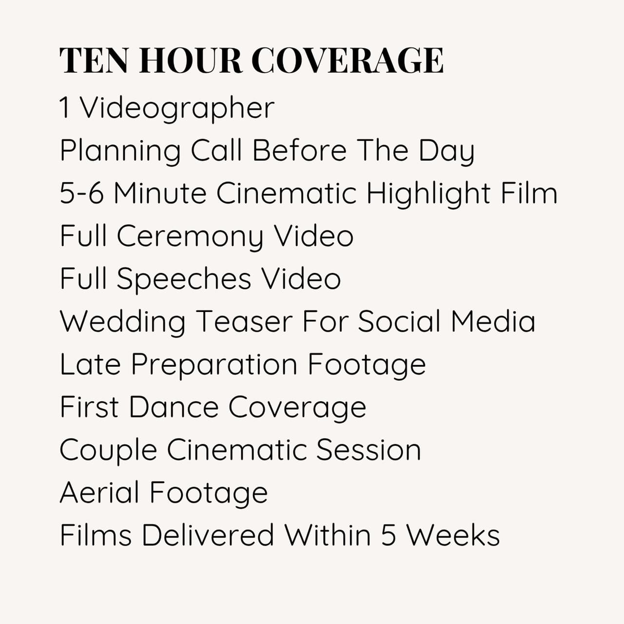 What is included in The Full Story, wedding videography: the back of the collection card