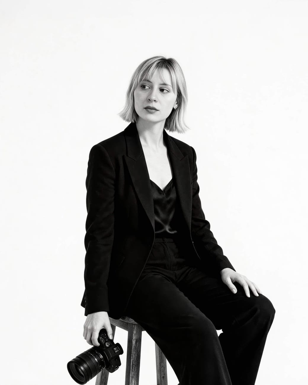 Sofia, photographer, sitting on a stool with a camera