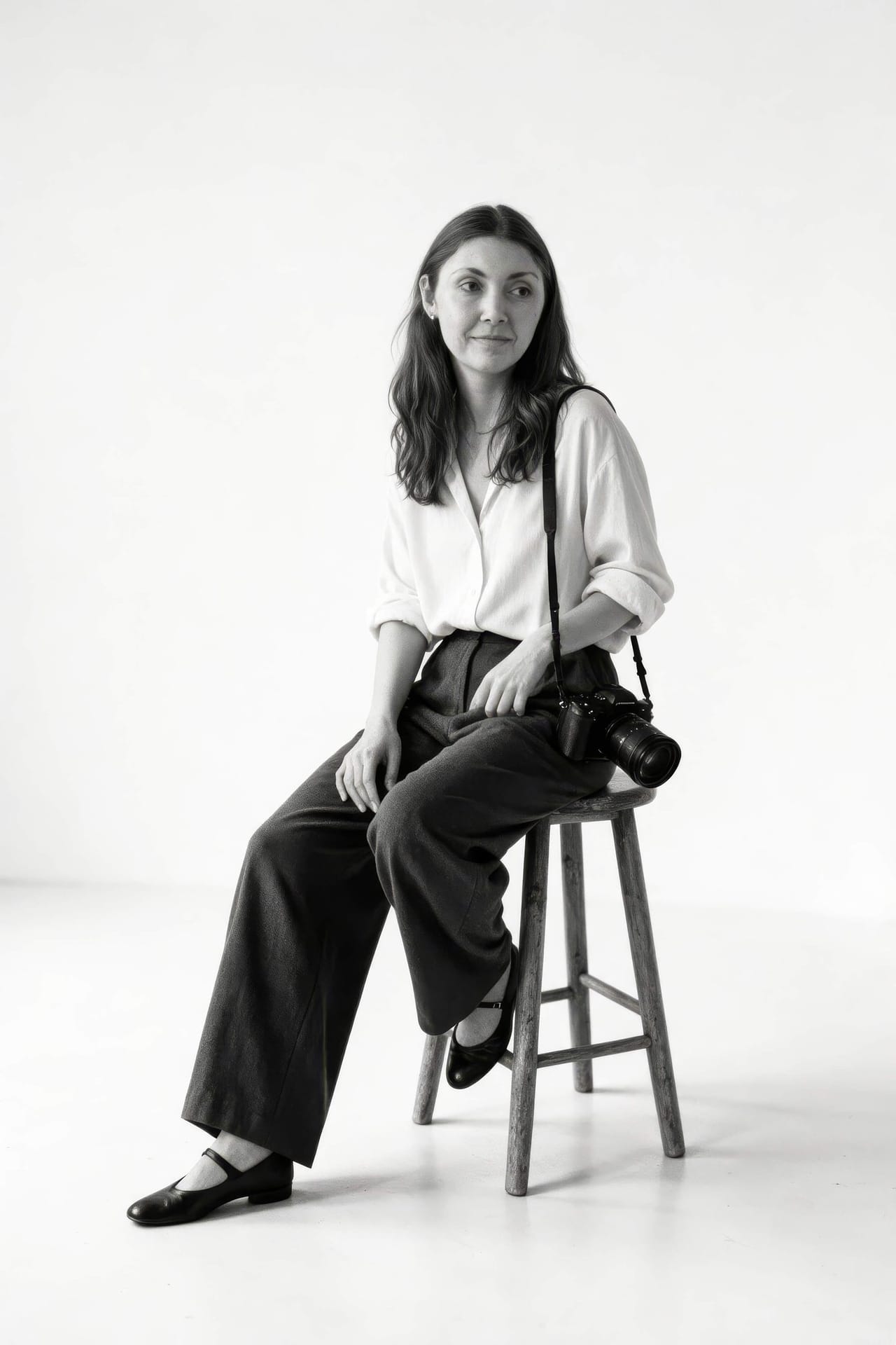 Megan, Adelaide photographer, sitting on a stool with a camera over her shoulder