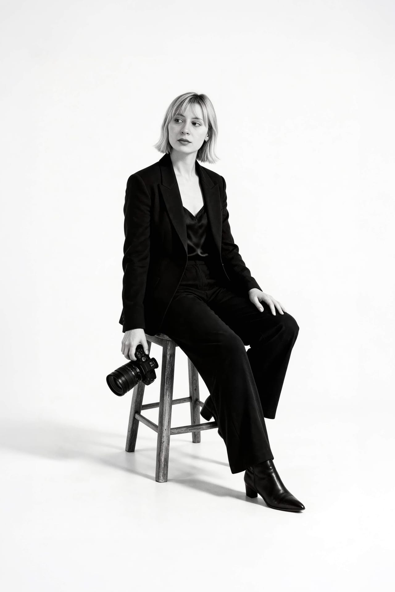 Sofia, photographer, sitting on a stool with a camera