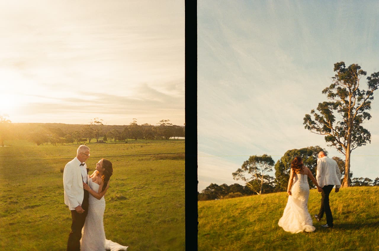Two half frames side by side: the couple in the low sun in the paddock, and walking up the rise beside a lone tall gum, on 35mm film