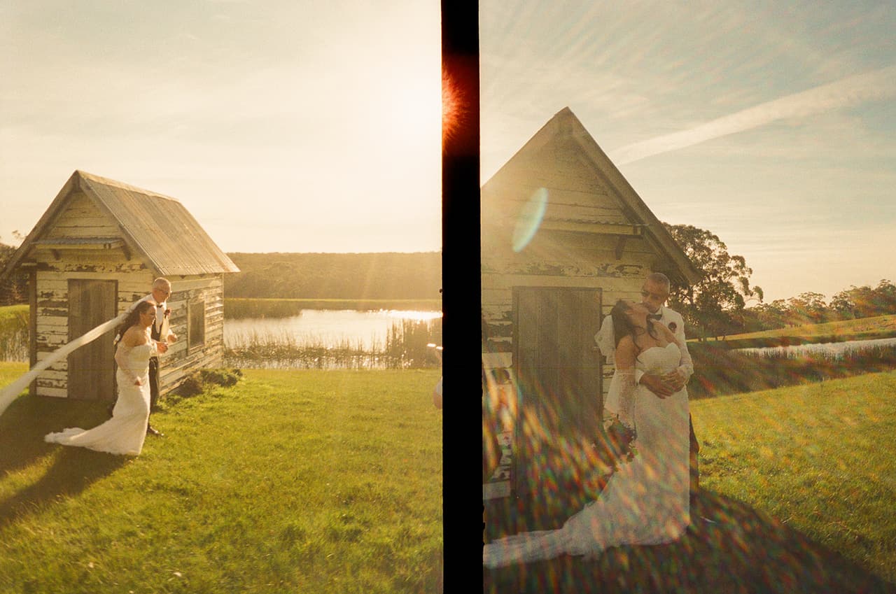 Two half frames side by side: the old timber slab hut beside the dam, the couple in front of it at sunset, on 35mm film