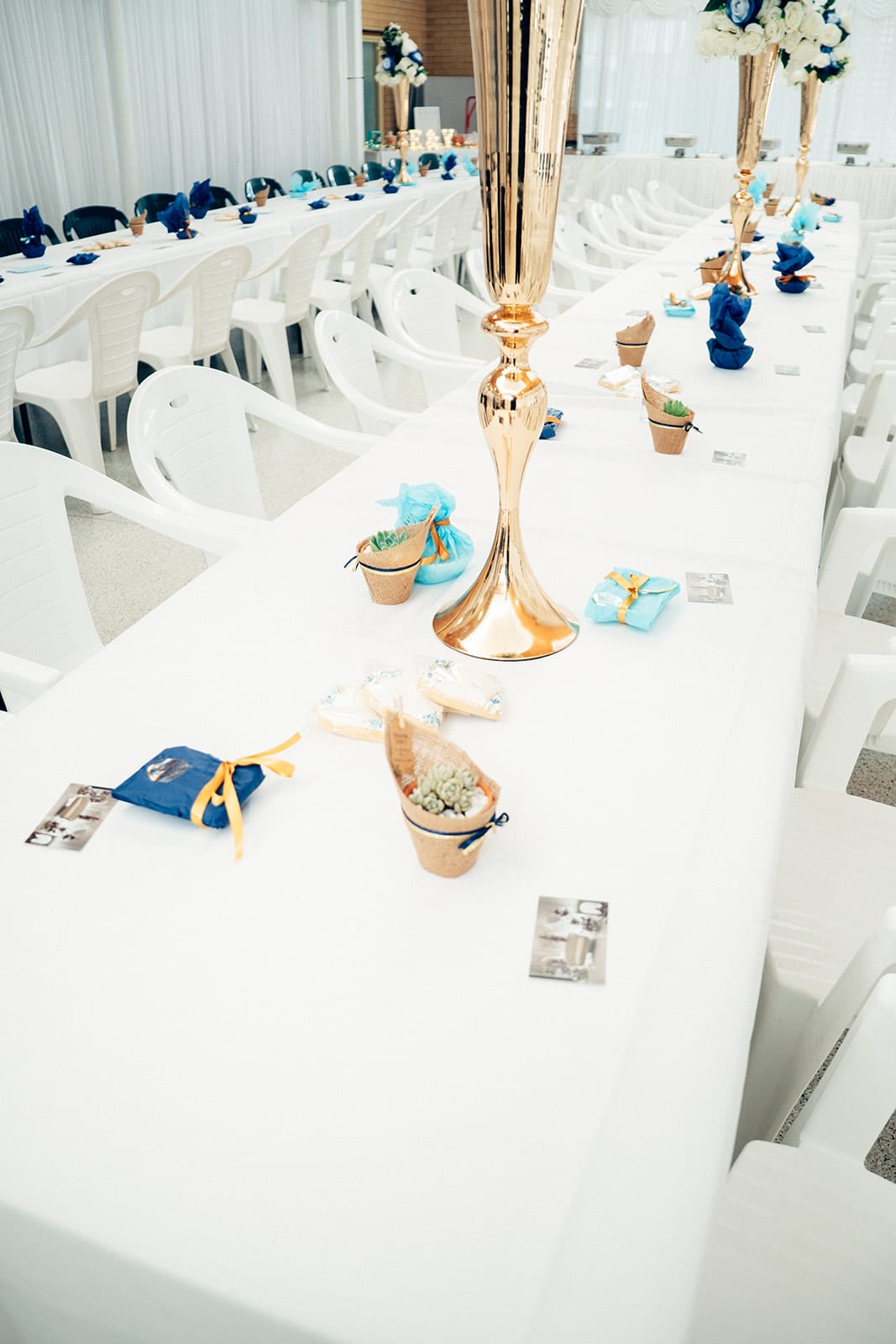 A long table set with white cloths, blue napkins, iced biscuits and potted succulents in hessian, a gold vase at its centre