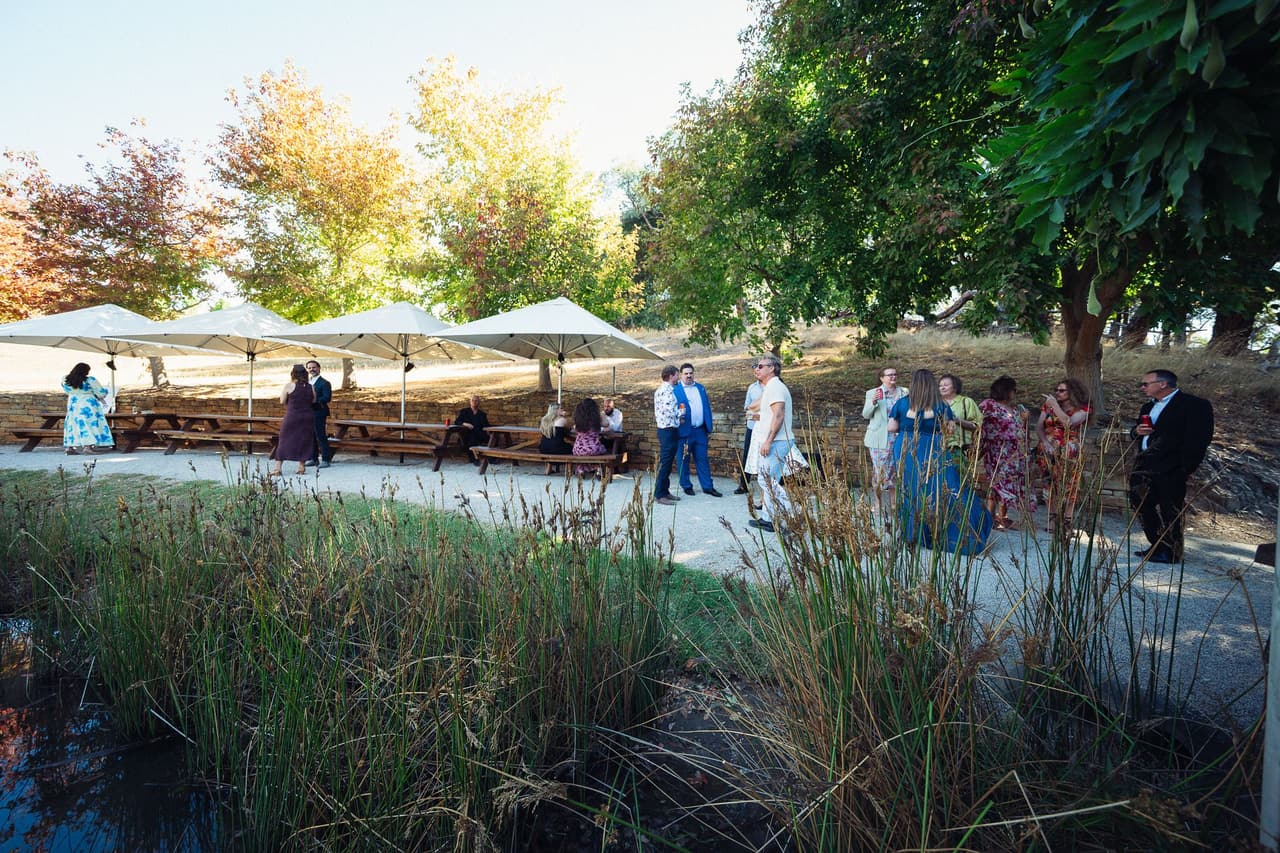 White umbrellas over the picnic tables beyond the reeds, guests mingling under autumn trees
