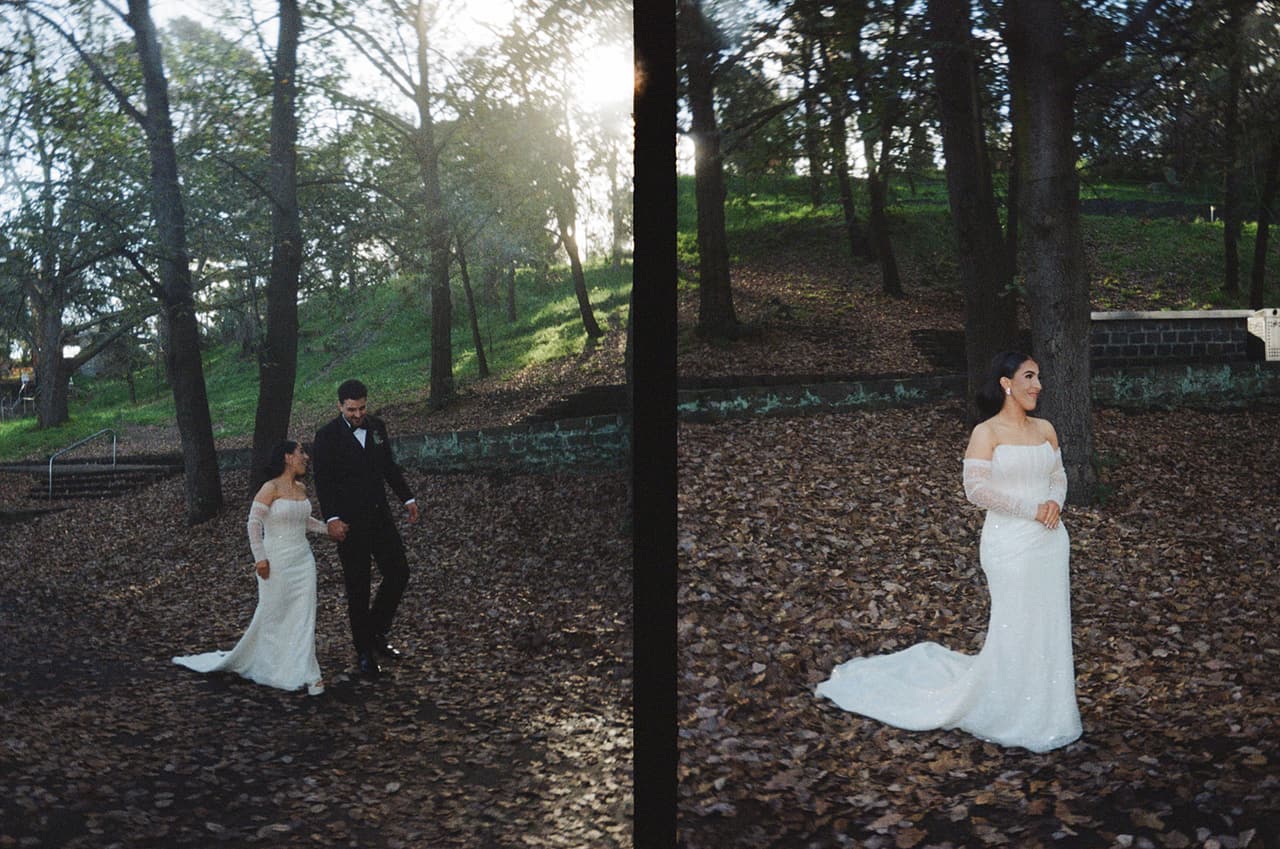Two half frames side by side: George and Tia walking among the trees, on 35mm film