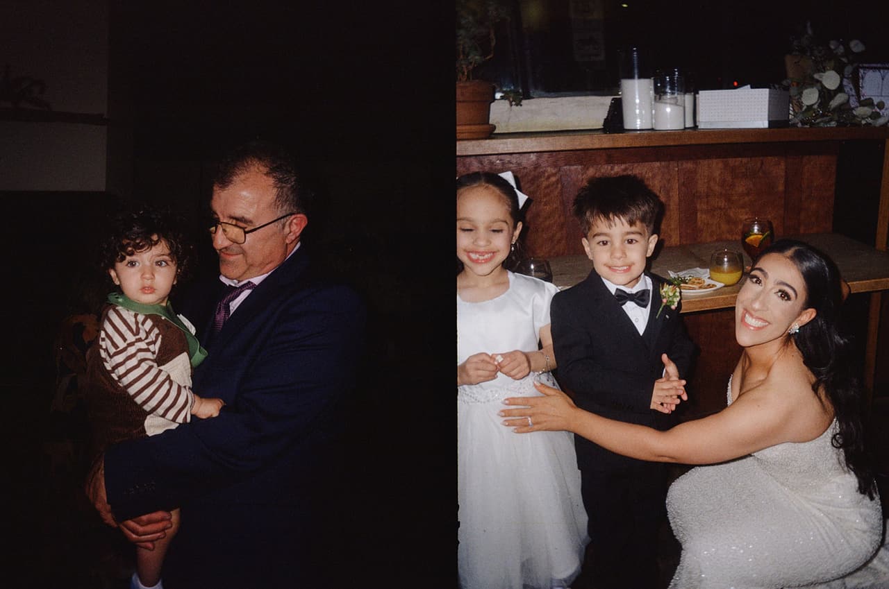 Two half frames side by side: a man holding a toddler, and Tia crouching with the flower girl and page boy, on 35mm film