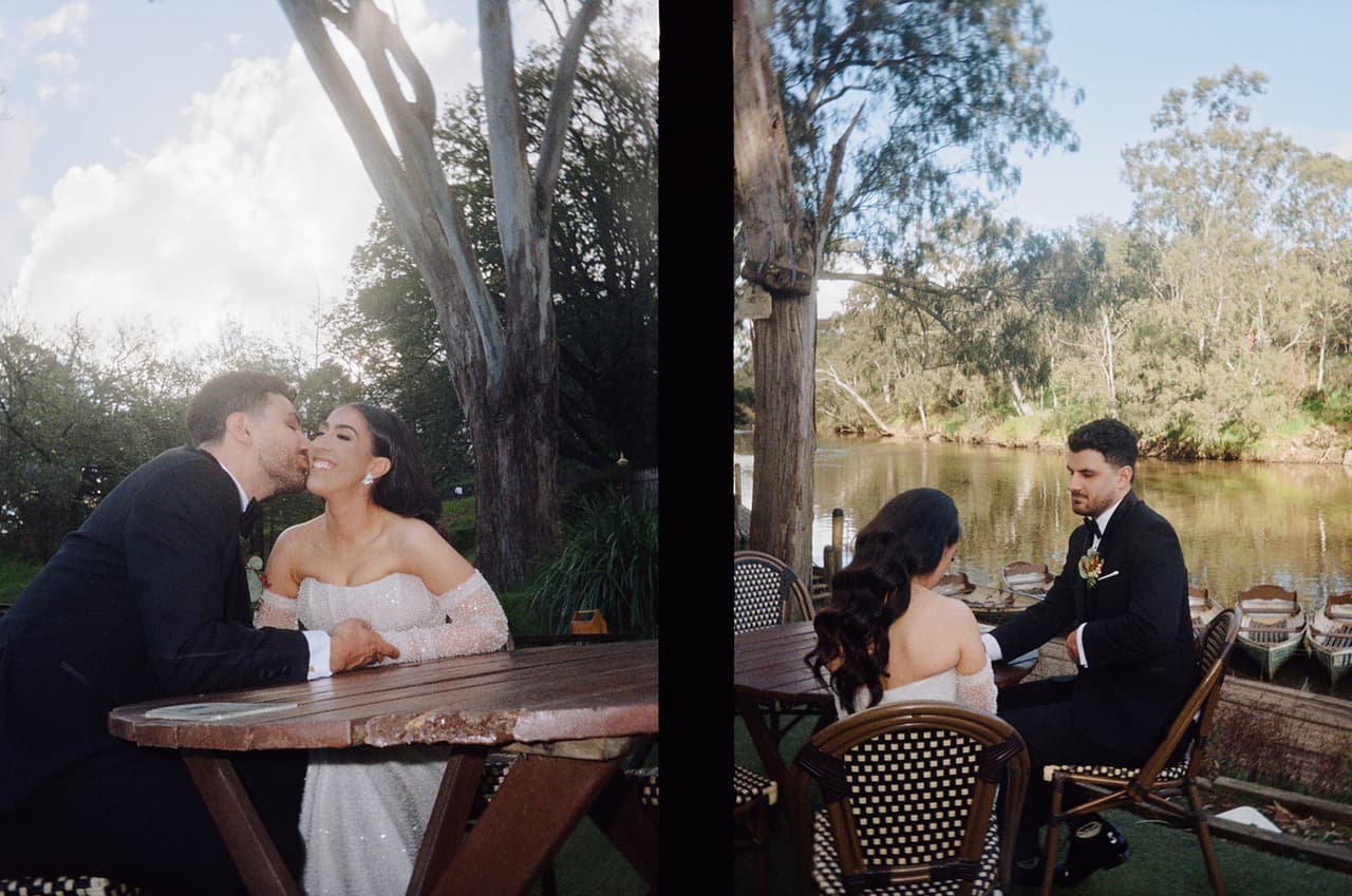 Two half frames side by side: George and Tia at a table by the river, on 35mm film
