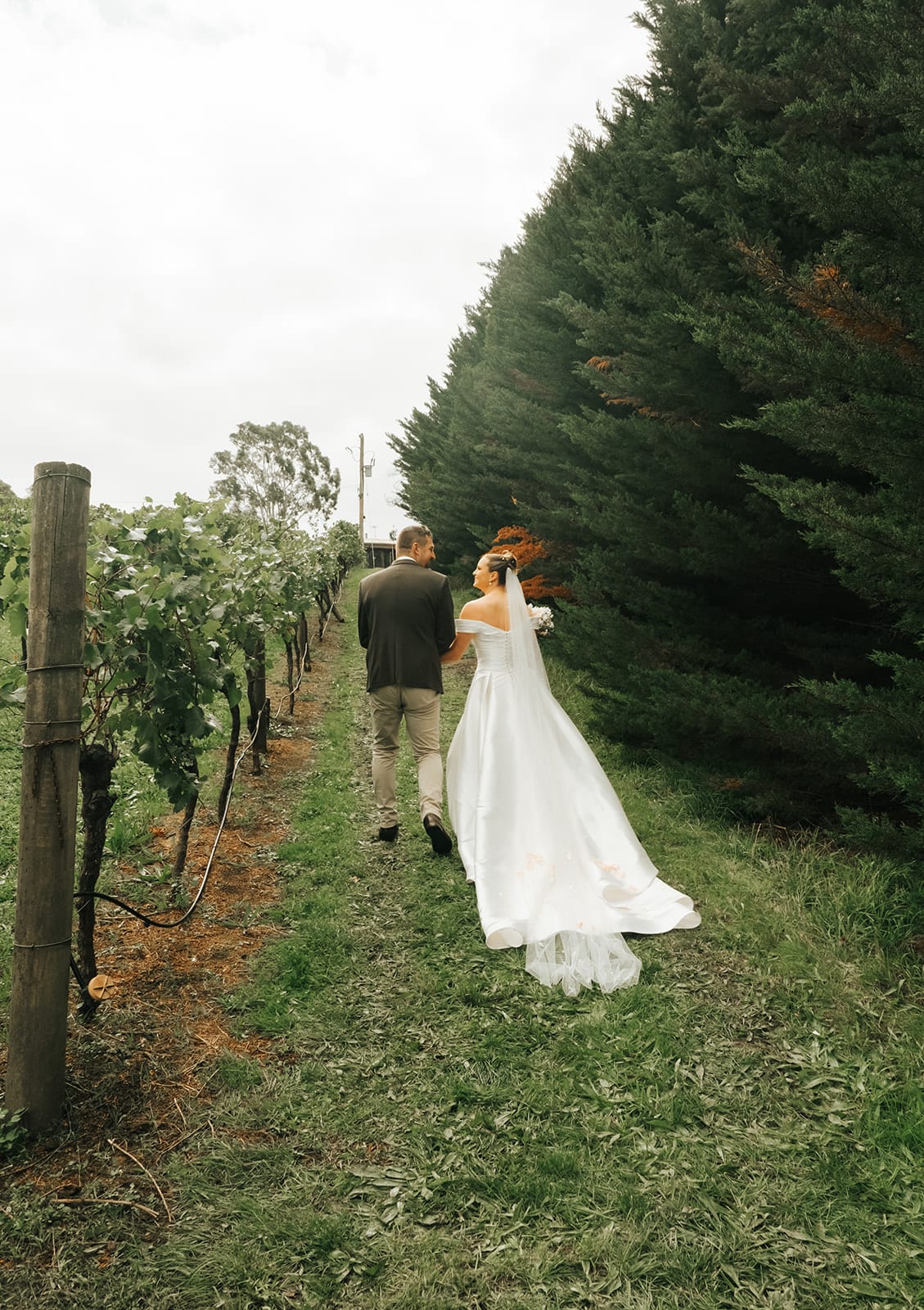Jessica and Max walking away together down a grassy row between the vines