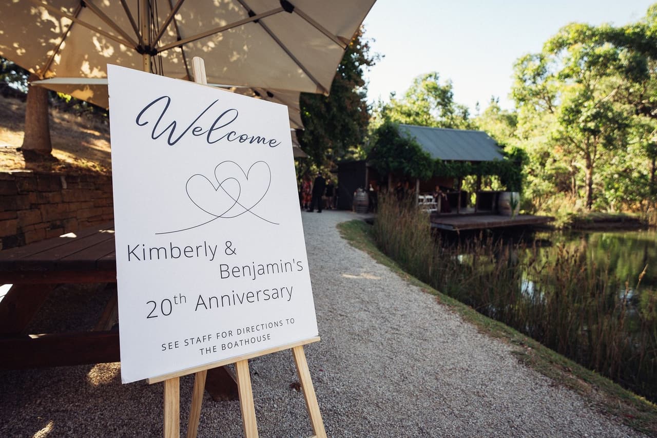 A welcome sign for Kim and Ben’s day, marking twenty years together