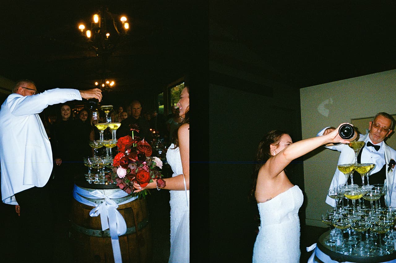 Two half frames side by side: Kristie and Gareth pouring the champagne tower at the reception, on 35mm film
