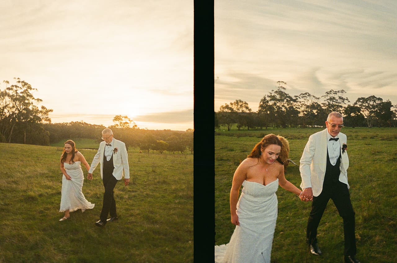Two half frames side by side: Kristie and Gareth walking through the paddock, then Kristie laughing as she leads him by the hand, on 35mm film