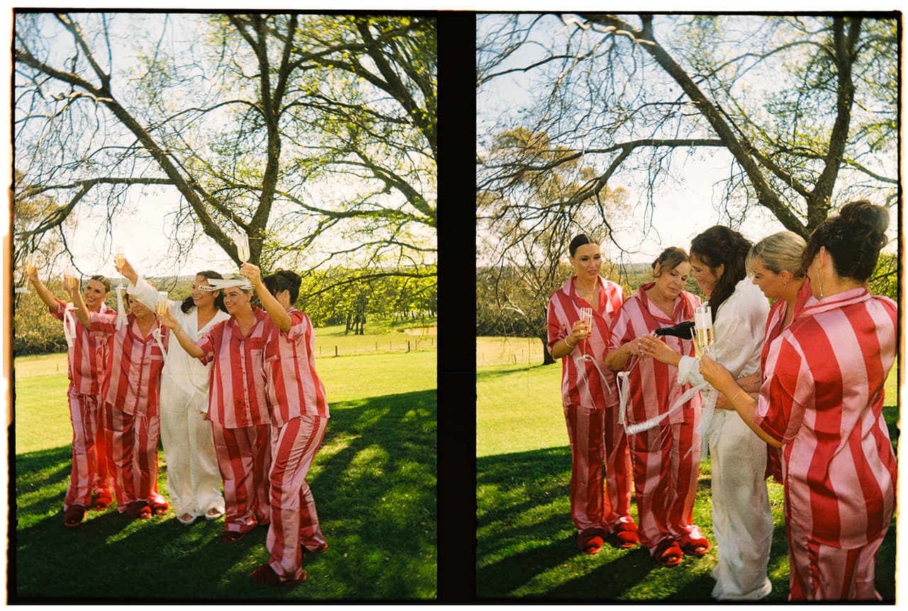Two half frames side by side: the bridesmaids in striped pyjamas cheering on the lawn, then gathered round Kristie in her white pyjamas, on 35mm film