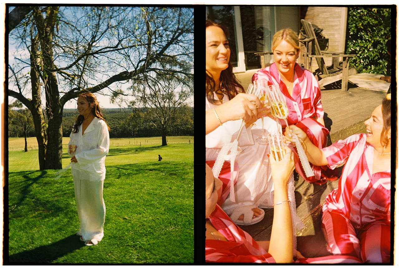 Two half frames side by side: Kristie in white pyjamas on the lawn, and her bridesmaids in pink and red striped pyjamas toasting with champagne on the deck, on 35mm film