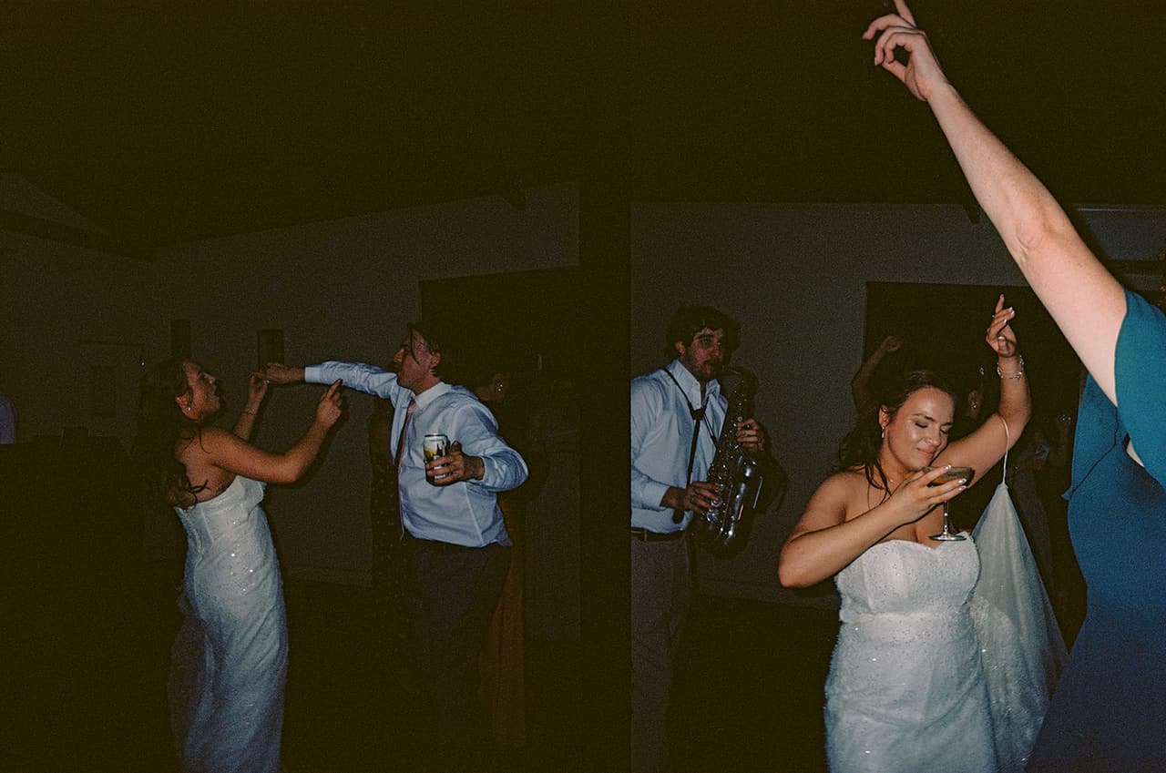 Two half frames side by side: Kristie dancing as the saxophonist plays, her arm thrown in the air, on 35mm film