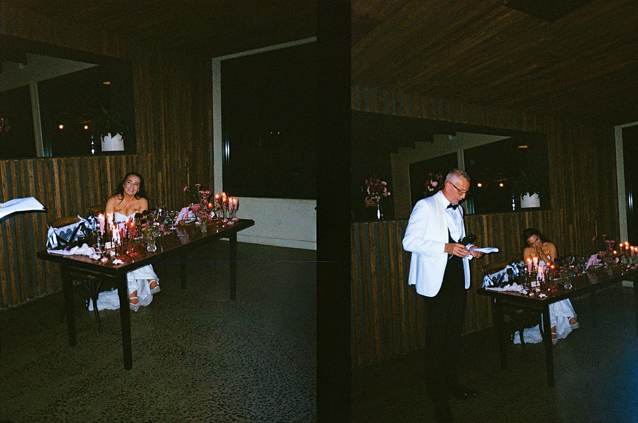 Two half frames side by side: Kristie at the head table among flowers, and Gareth on his feet beside her for his speech, on 35mm film