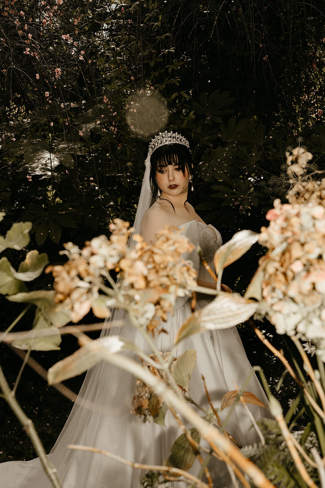 Porscha in her veil among tall dried flowers in the garden, looking into the camera